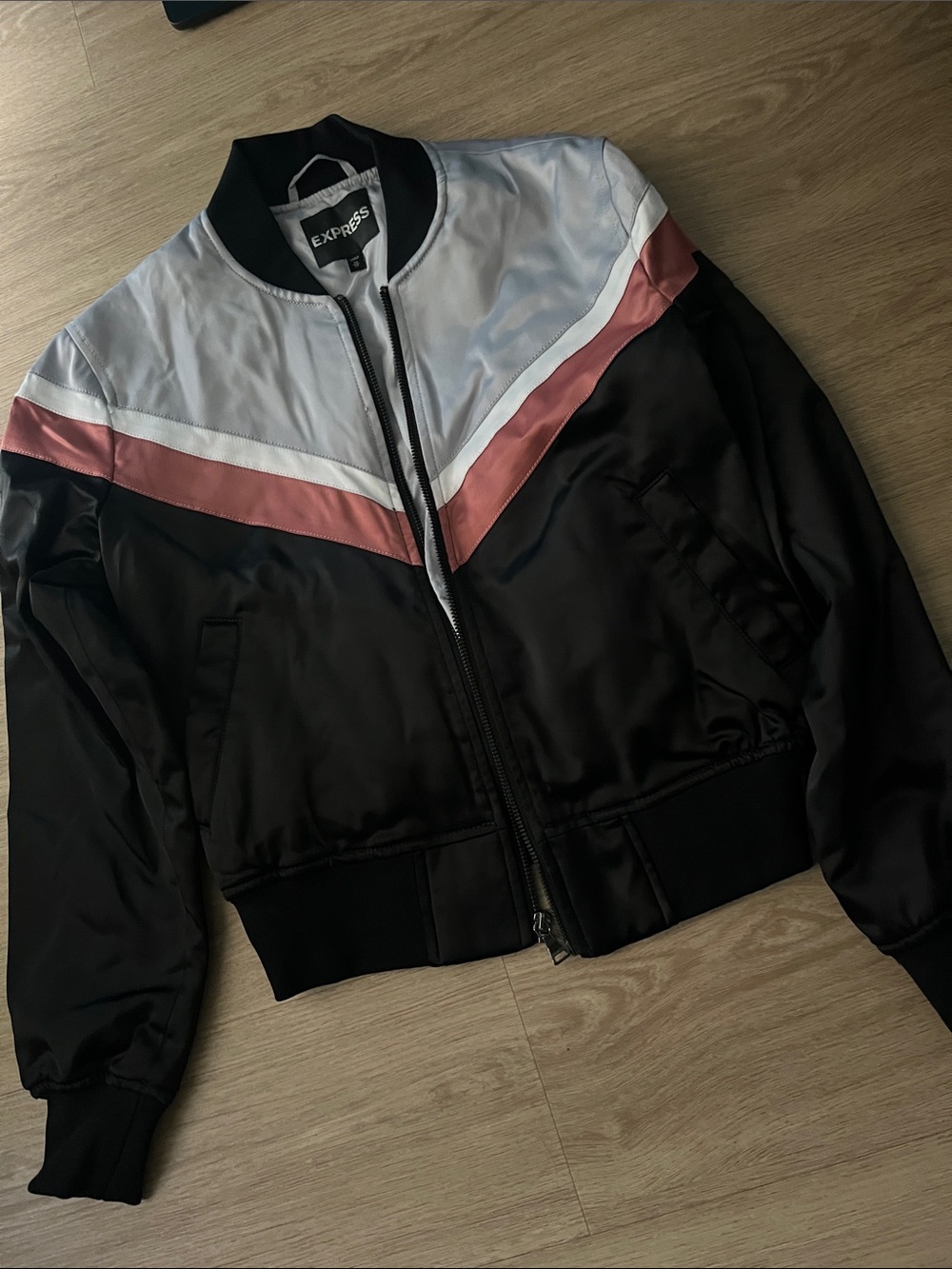 Express Black Bomber Jacket with White & Dusty Rose Chevron